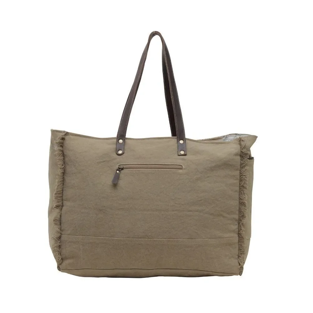 Myra Bag Handmade Parea Weekender Bag Upcycled Canvas & Cowhide Leather